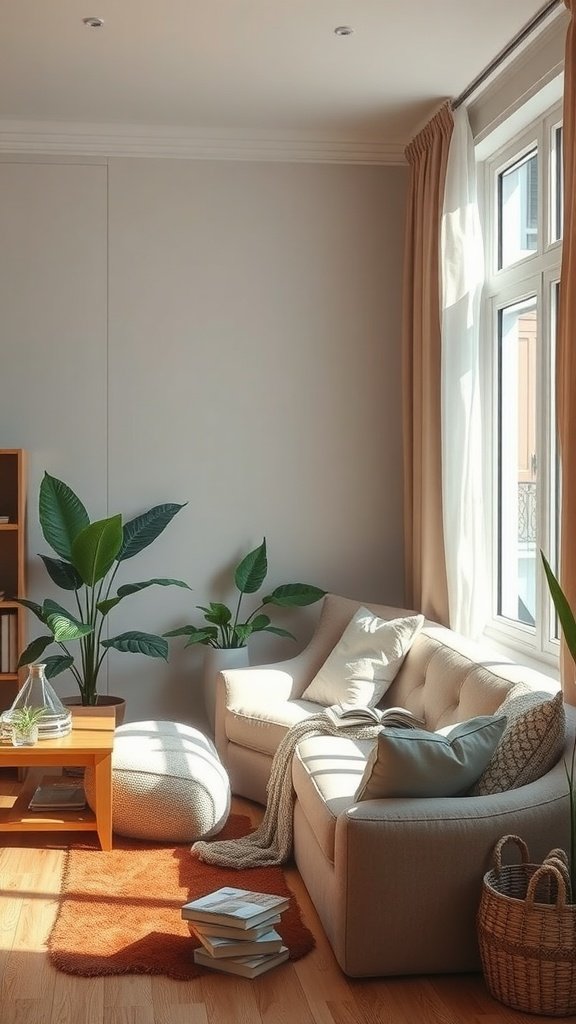 A cozy reading corner with a light sofa, plants, and a wooden coffee table.