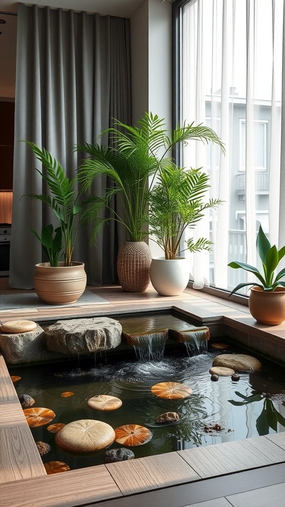 A serene indoor water feature surrounded by plants in a modern apartment