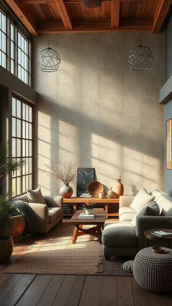 A cozy living room with wooden beams, soft furnishings, and natural decor elements.