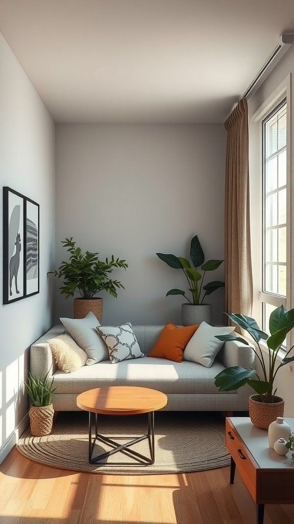 A cozy nook in an apartment featuring a sofa, plants, and natural light.