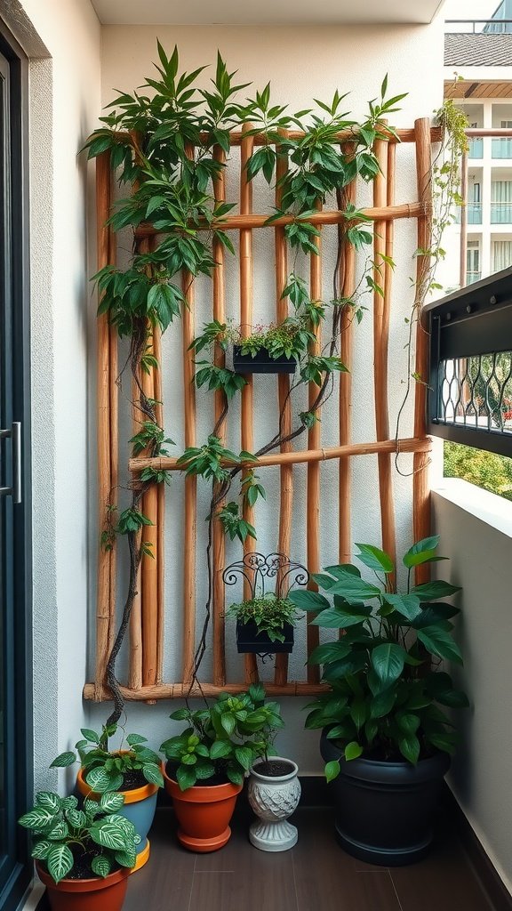 A small balcony featuring a wooden trellis with climbing plants, surrounded by colorful potted plants.
