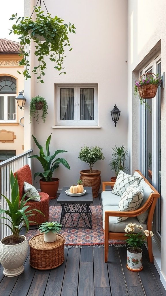 A small balcony with seating, plants, and decorative elements, showcasing creative use of space.