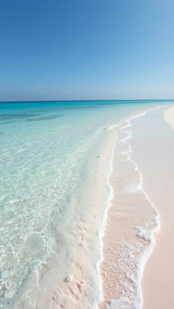 A serene beach with crystal clear waters and white sand under a clear blue sky.