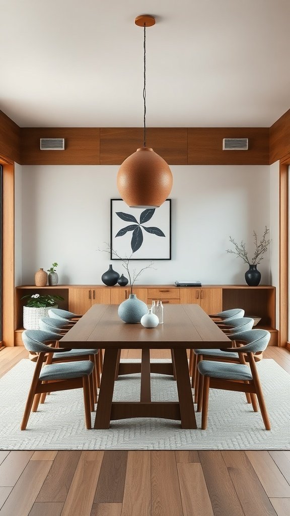 A stylish Japandi dining room featuring a wooden table, soft chairs, and minimalist decor.