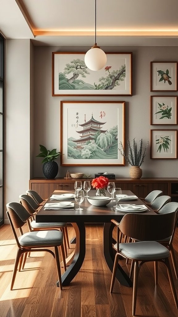 A Japandi dining room featuring curated artwork on the walls, showcasing traditional Asian landscapes and a modern dining table.