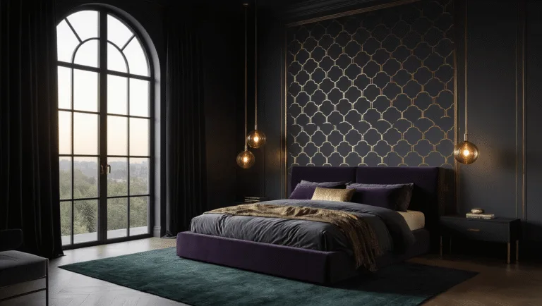 A dark, contemporary bedroom featuring a black platform bed with luxurious purple and gold textiles, dramatic geometric wallpaper, and warm brass lighting, framed by arched windows with black silk curtains and a dark green rug.