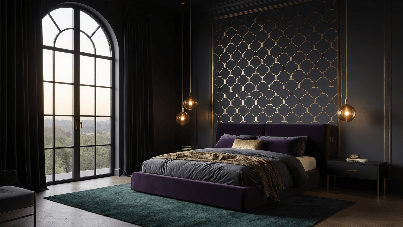 A dark, contemporary bedroom featuring a black platform bed with luxurious purple and gold textiles, dramatic geometric wallpaper, and warm brass lighting, framed by arched windows with black silk curtains and a dark green rug.