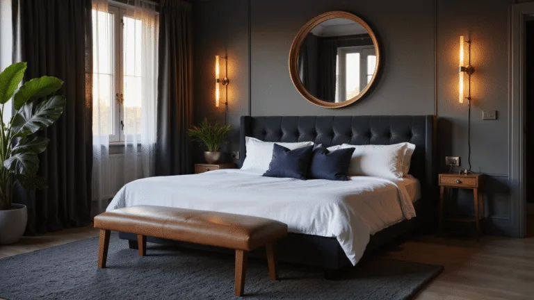 A sophisticated dark bedroom featuring a king-sized bed with white linens and a velvet headboard, set against Dark Pewter walls, illuminated by warm brass sconces, with dramatic shadows and layered textures from a slate grey rug and cognac leather bench.
