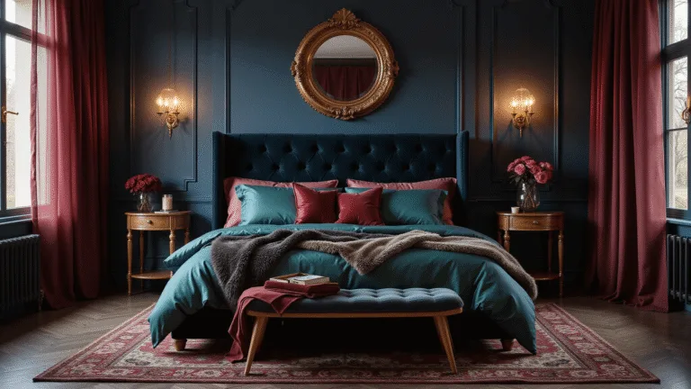 Cinematic interior of a moody master bedroom with deep navy walls, tufted dark velvet headboard, and layered jewel-toned bedding, featuring warm lighting from vintage sconces and a crystal pendant, creating an intimate ambiance with dramatic shadows and soft reflections.