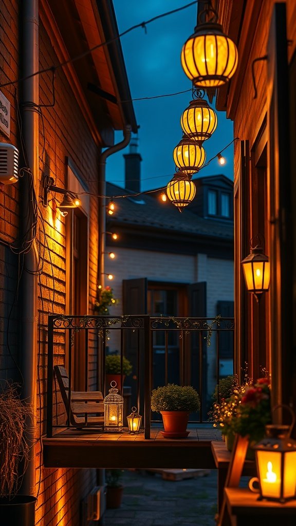 A small balcony with warm decorative lighting, featuring lanterns and string lights.