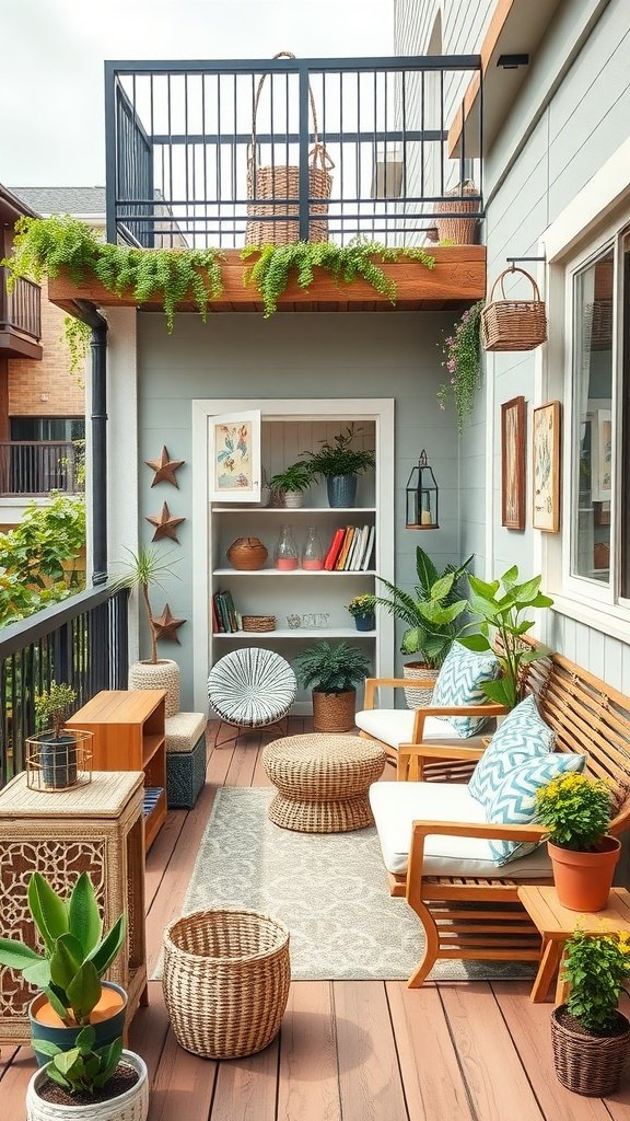 A small balcony with comfortable seating, plants, and decorative elements, showcasing DIY ideas for small spaces.