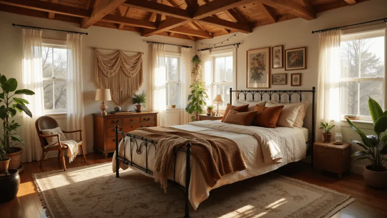 A dreamy boho cottage bedroom with golden afternoon light, featuring a wrought-iron bed with vintage quilts and velvet pillows, macramé wall hanging, brass nightstands, plants, a leather armchair, layered rugs, and an eclectic gallery wall adorned with string lights.