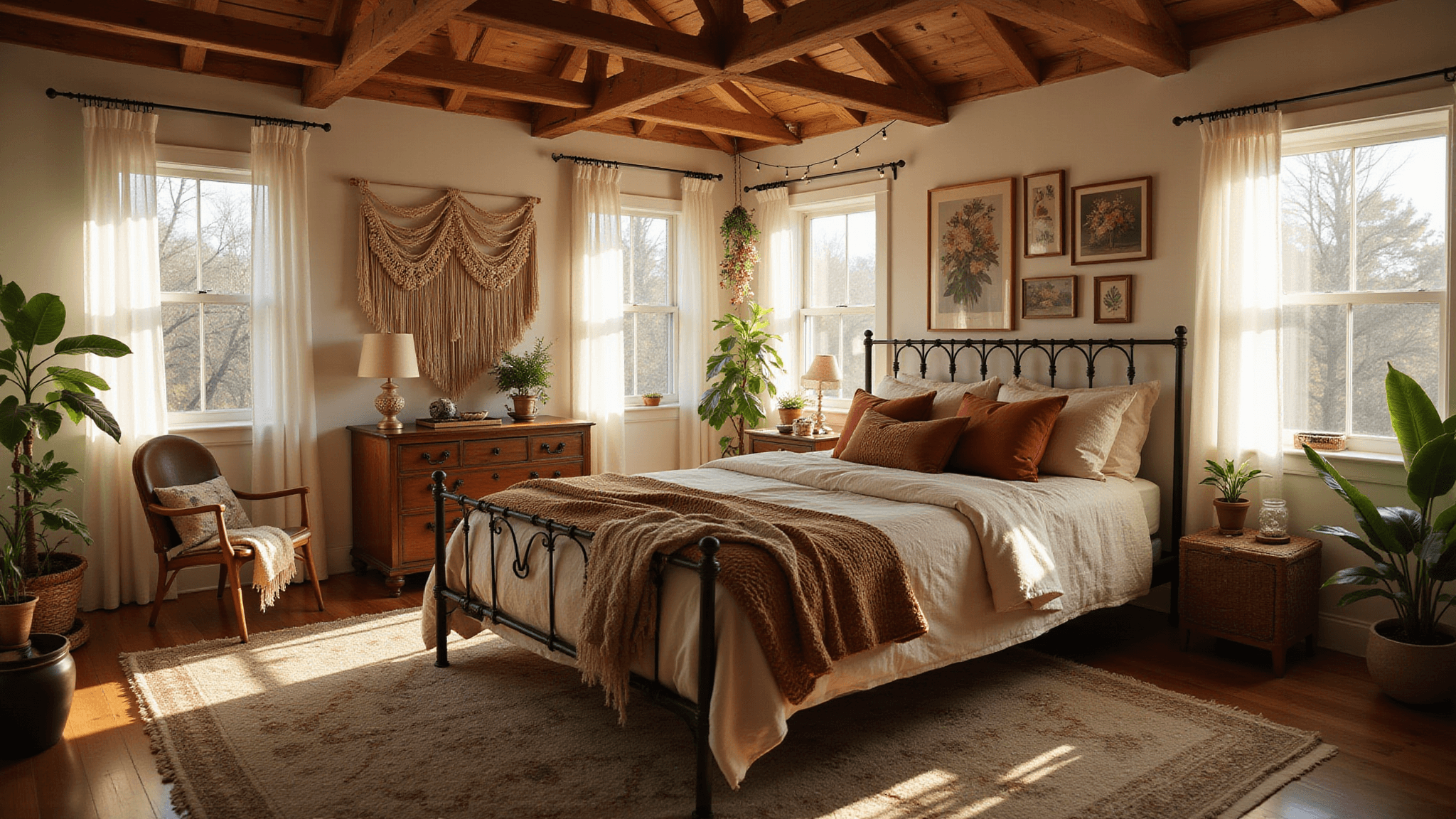 A dreamy boho cottage bedroom with golden afternoon light, featuring a wrought-iron bed with vintage quilts and velvet pillows, macramé wall hanging, brass nightstands, plants, a leather armchair, layered rugs, and an eclectic gallery wall adorned with string lights.