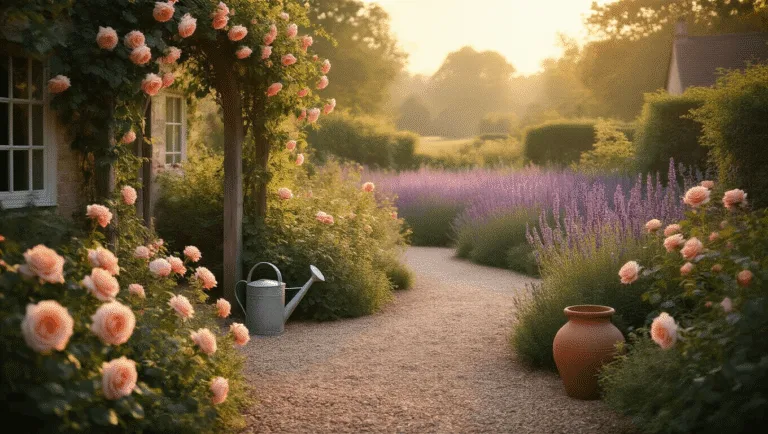 Photorealistic wide-angle shot of a dreamy English cottage garden at golden hour, featuring meandering gravel paths lined with apricot and blush pink David Austin roses, a weathered wooden arch with climbing New Dawn roses, and vintage gardening elements amidst soft bokeh and atmospheric mist.