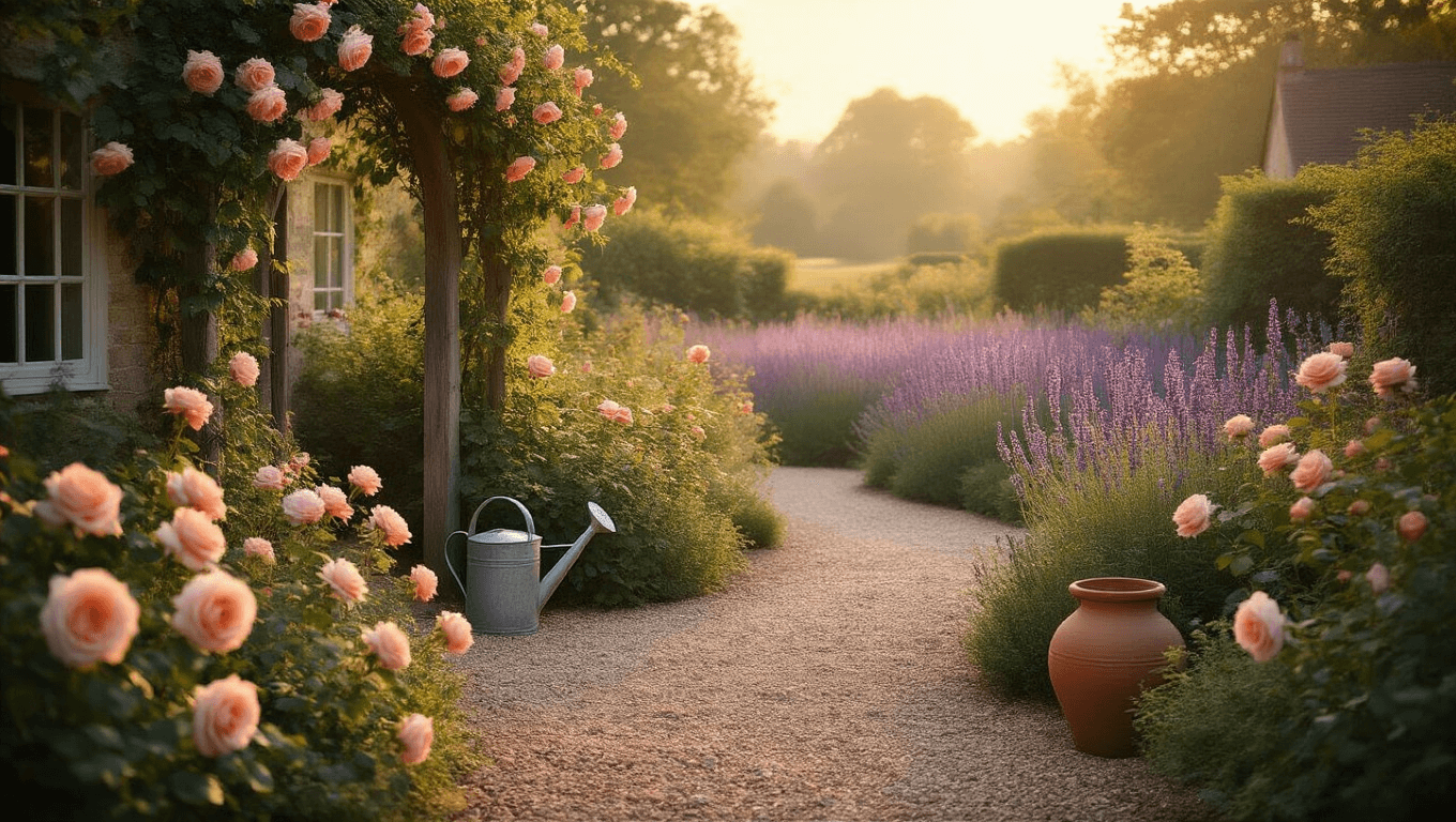 Photorealistic wide-angle shot of a dreamy English cottage garden at golden hour, featuring meandering gravel paths lined with apricot and blush pink David Austin roses, a weathered wooden arch with climbing New Dawn roses, and vintage gardening elements amidst soft bokeh and atmospheric mist.