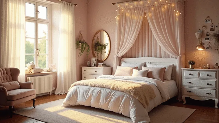 A sun-drenched pastel bedroom with a queen-sized bed, sheer curtains, vintage furniture, and cozy reading nook, illuminated by warm golden hour light.