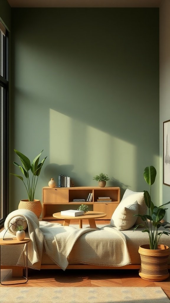 A cozy corner of a Wabi sabi apartment featuring earthy green walls, wooden furniture, and plants.