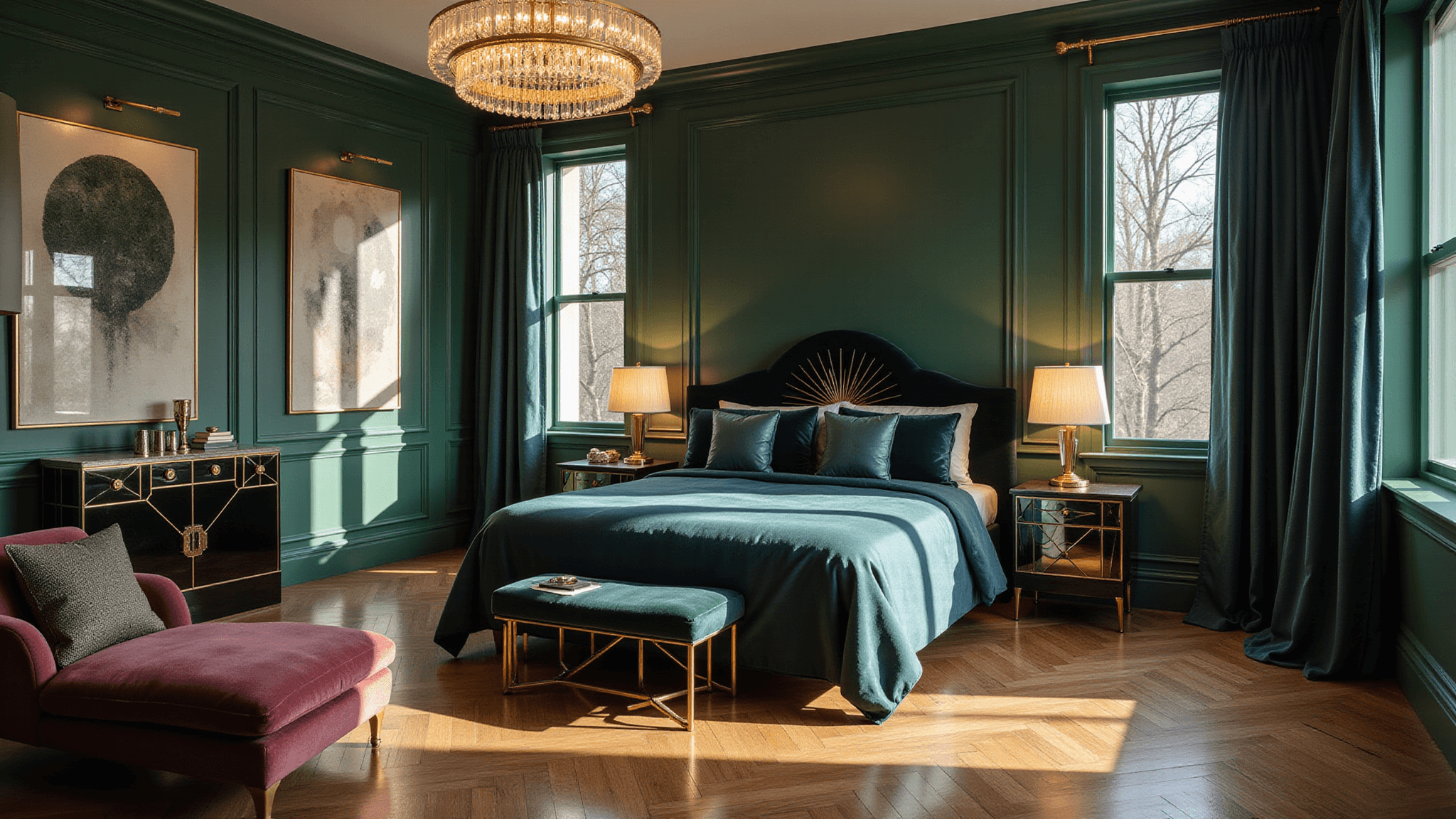 Photorealistic master bedroom featuring emerald green lacquered walls, a midnight blue velvet king-size bed, geometric gold-trimmed nightstands, and a crystal chandelier, all bathed in warm sunlight with artistic decor elements.