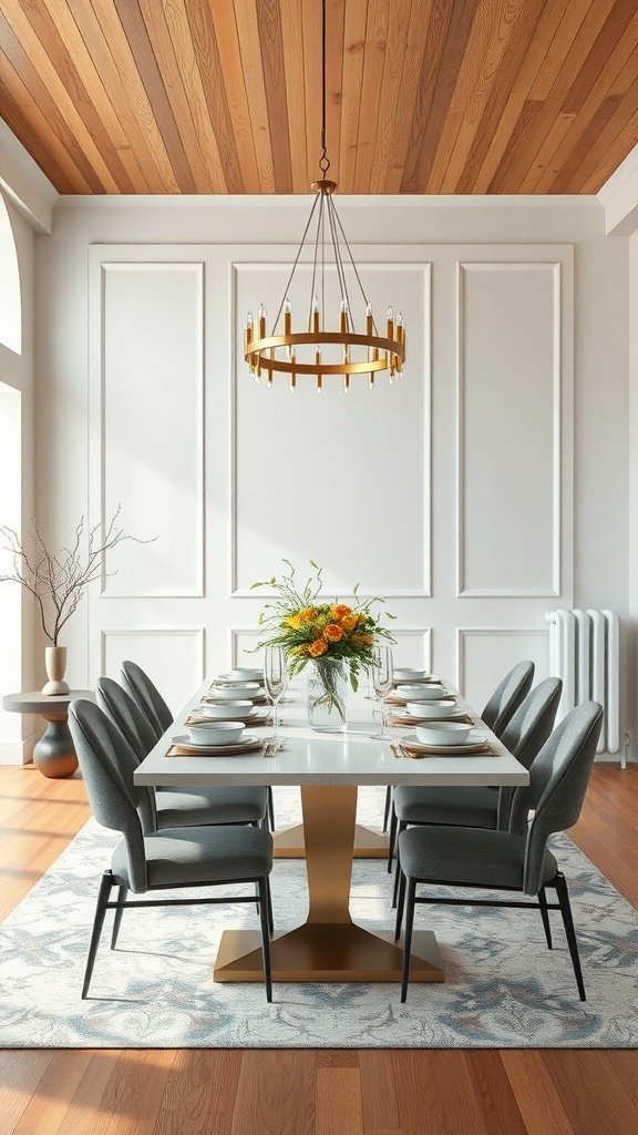 A modern Japandi dining room featuring a sleek table, comfortable chairs, and a warm wooden ceiling.