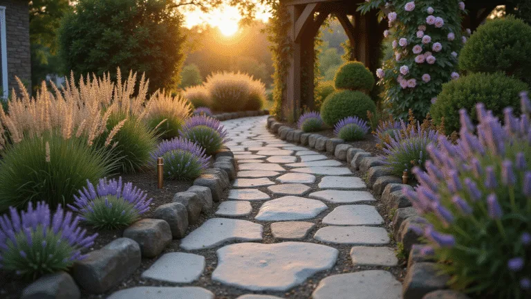A winding flagstone garden path at sunset, surrounded by blooming English lavender and ornamental grasses, with a rustic wooden arbor draped in pink roses, featuring warm light and dreamy bokeh effects.