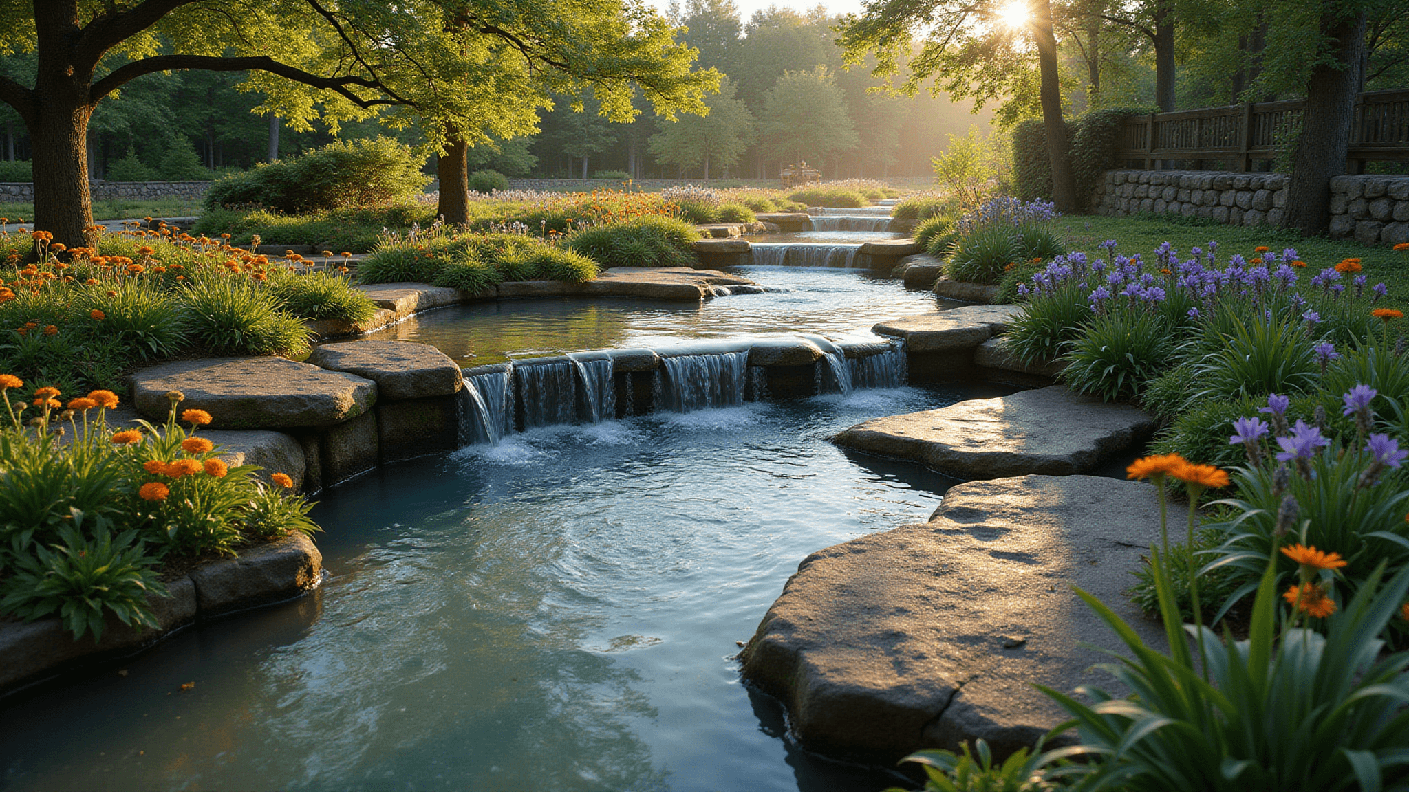 A photorealistic image of a winding garden stream at golden hour, featuring gentle cascades over stone, blooming plants, dappled sunlight, and stepping stones, all captured in vibrant detail with a silky water effect and atmospheric mist.