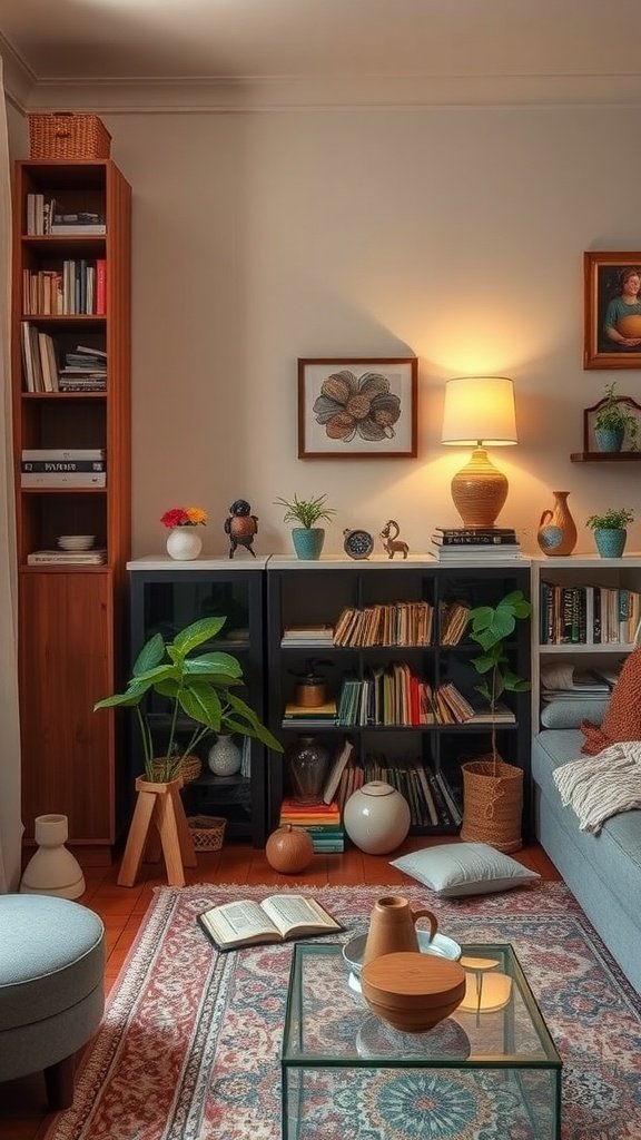 A cozy living room with bookshelves, plants, and warm lighting, embodying Wabi Sabi aesthetics.