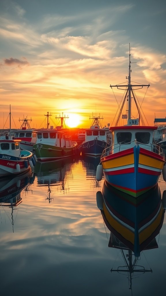 Fishing boats docked at sunset with colorful reflections on the water
