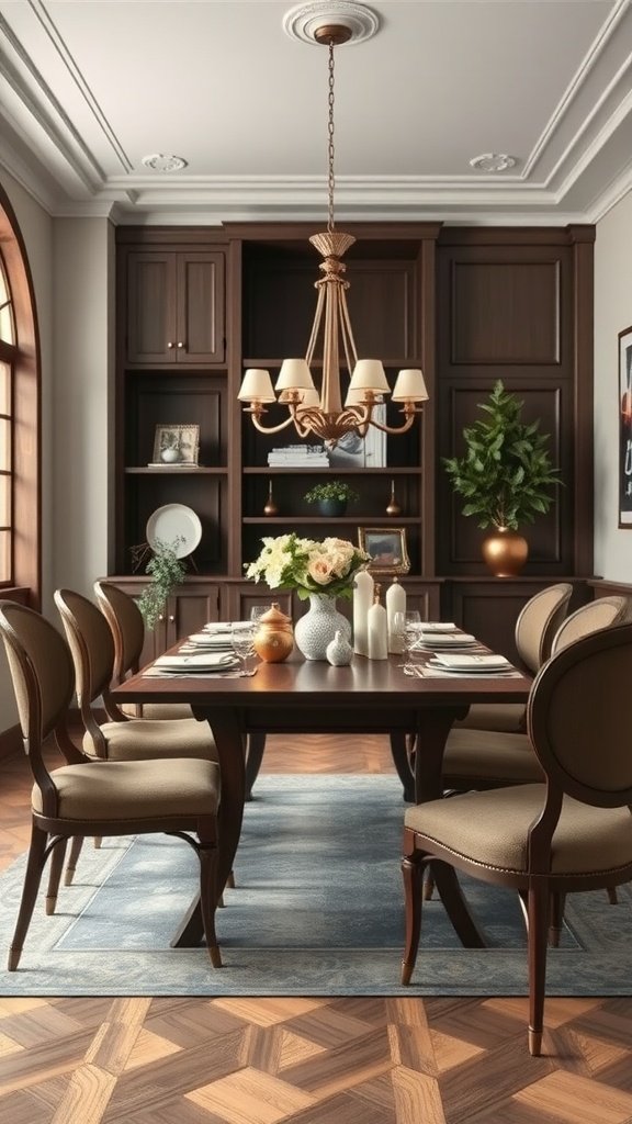 A beautifully designed Japandi dining room featuring a wooden table, elegant chandelier, and soft upholstered chairs.