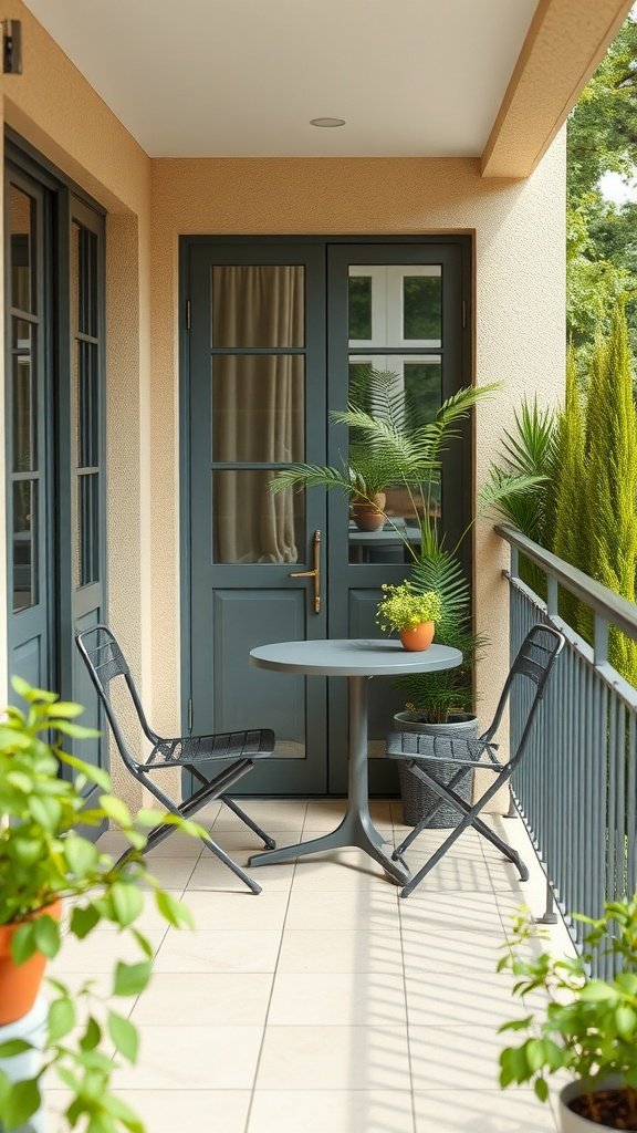 A small balcony featuring foldable chairs and a round table surrounded by plants.