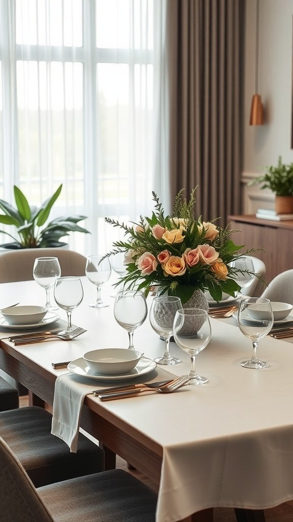 A beautifully arranged dining table featuring a floral centerpiece, elegant glassware, and simple dishware in a Japandi style.