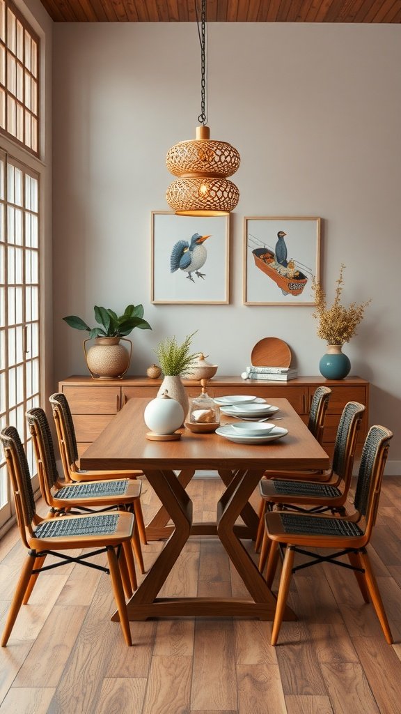 A stylish Japandi dining room featuring a wooden table, woven chairs, and decorative elements.