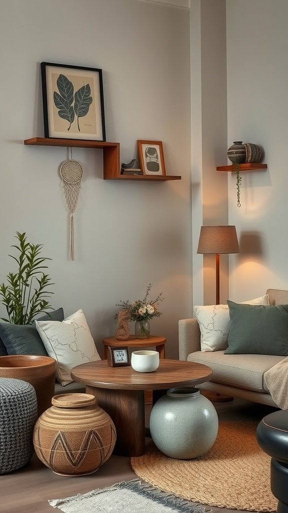 A cozy living room with wooden shelves, decorative items, a round coffee table, and plants, reflecting Wabi Sabi style.