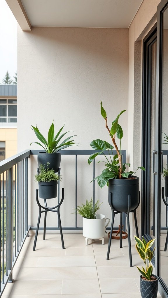 A small balcony featuring functional plant stands with various plants arranged at different heights.