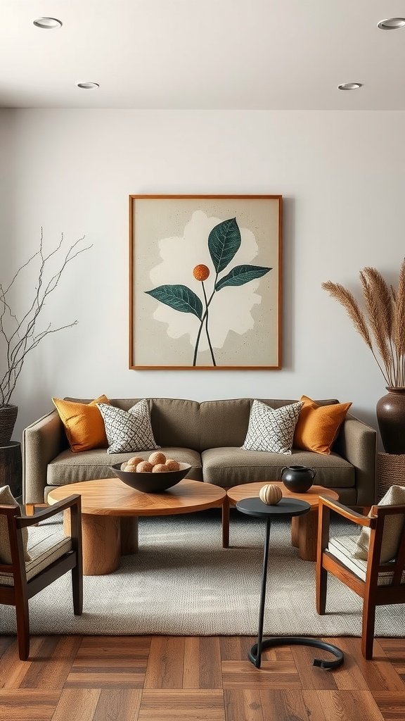 A cozy living room featuring a handcrafted art piece, a comfortable couch, and natural decor elements.