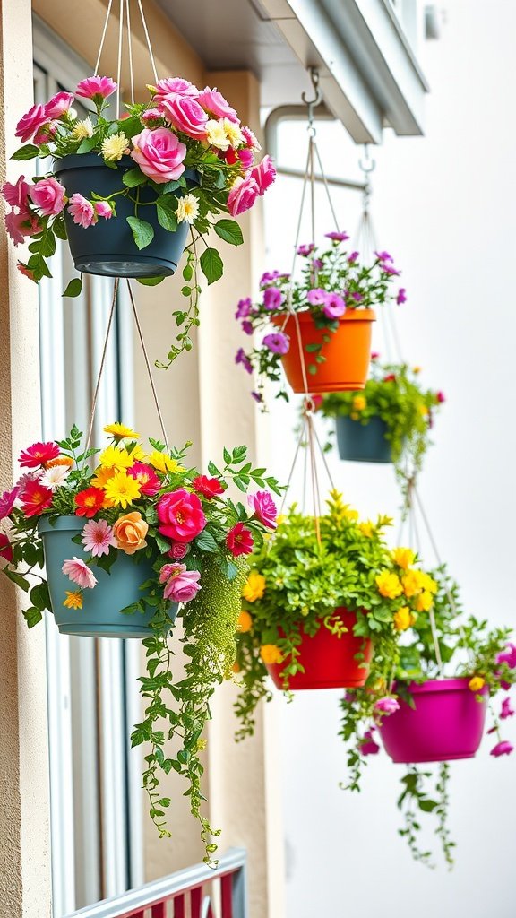 Colorful hanging planters with flowers on a small balcony