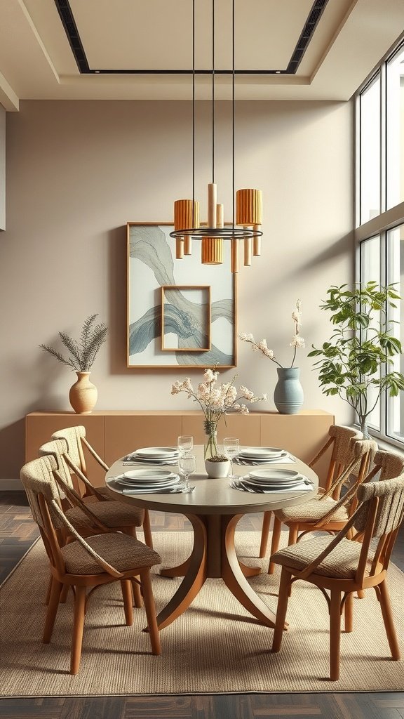 A stylish Japandi dining room featuring a round table, woven chairs, and soft beige walls.