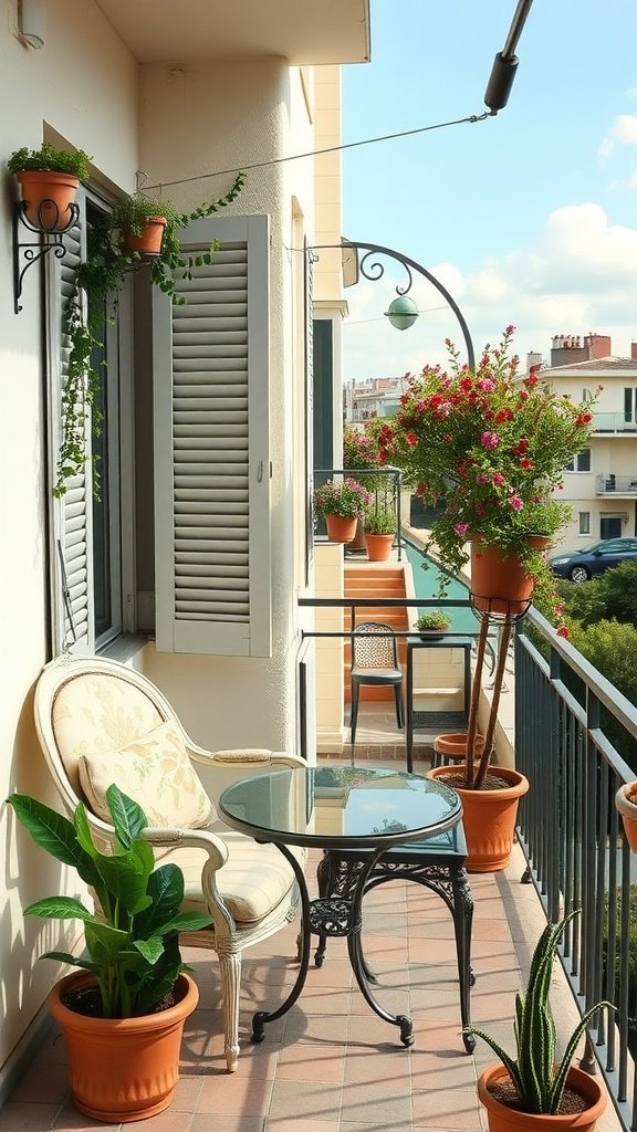 A small balcony featuring heritage furniture, potted plants, and a cozy atmosphere.