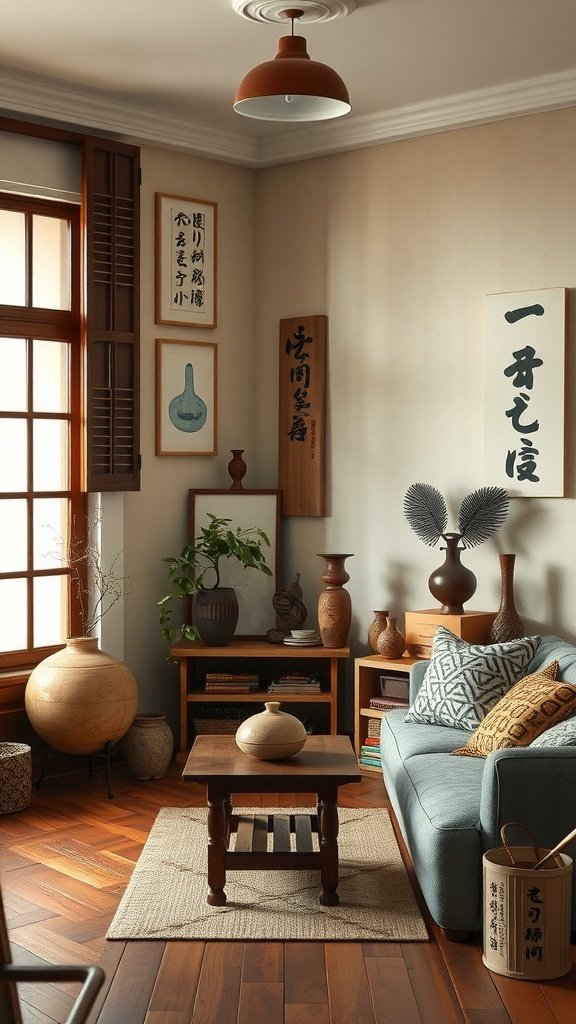 A cozy living room with cultural artifacts, including pottery, wall art, and wooden furniture, reflecting Wabi sabi aesthetics.