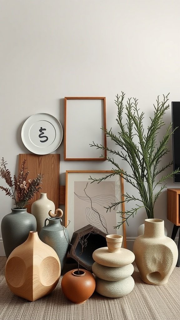 A collection of organic-shaped vases and decor items in a cozy apartment setting.