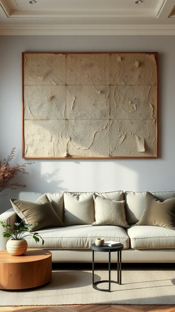 Textured wall art in a cozy living room setting with a neutral sofa and wooden coffee table.
