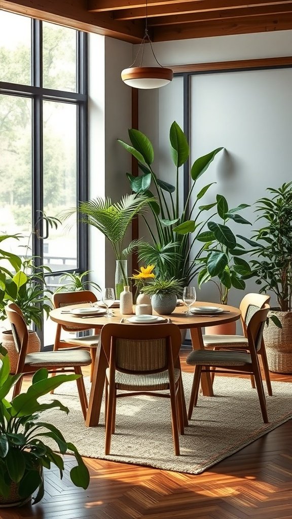 A Japandi dining room featuring a round wooden table surrounded by chairs, with various indoor plants enhancing the space.