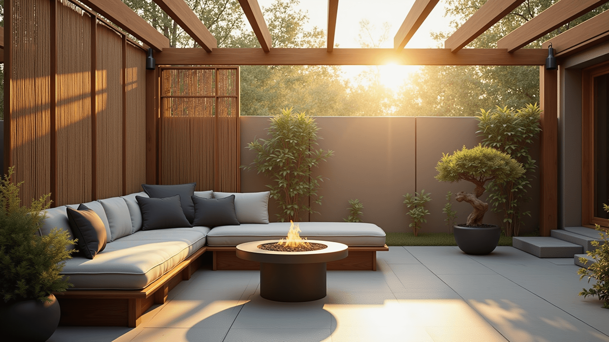 Hyperrealistic architectural photograph of a serene Japandi-style outdoor patio during golden hour, featuring a cedar wood pergola, L-shaped wooden bench with charcoal cushions, minimalist black fire pit, bamboo screens, potted ferns, and illuminated paper lanterns, showcasing warm sand beige, misty grey, and sage green tones.