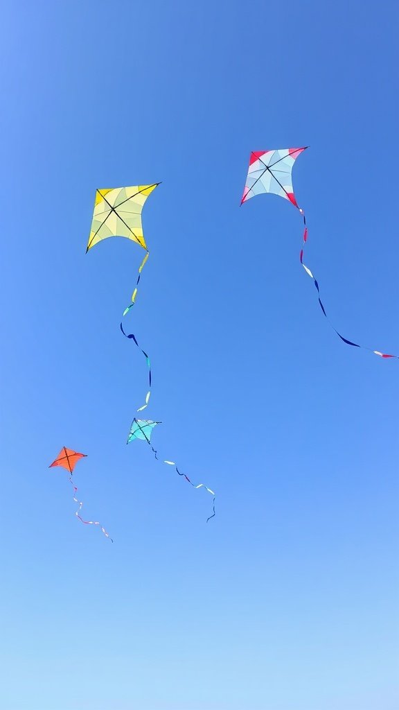 Colorful kites flying in a clear blue sky