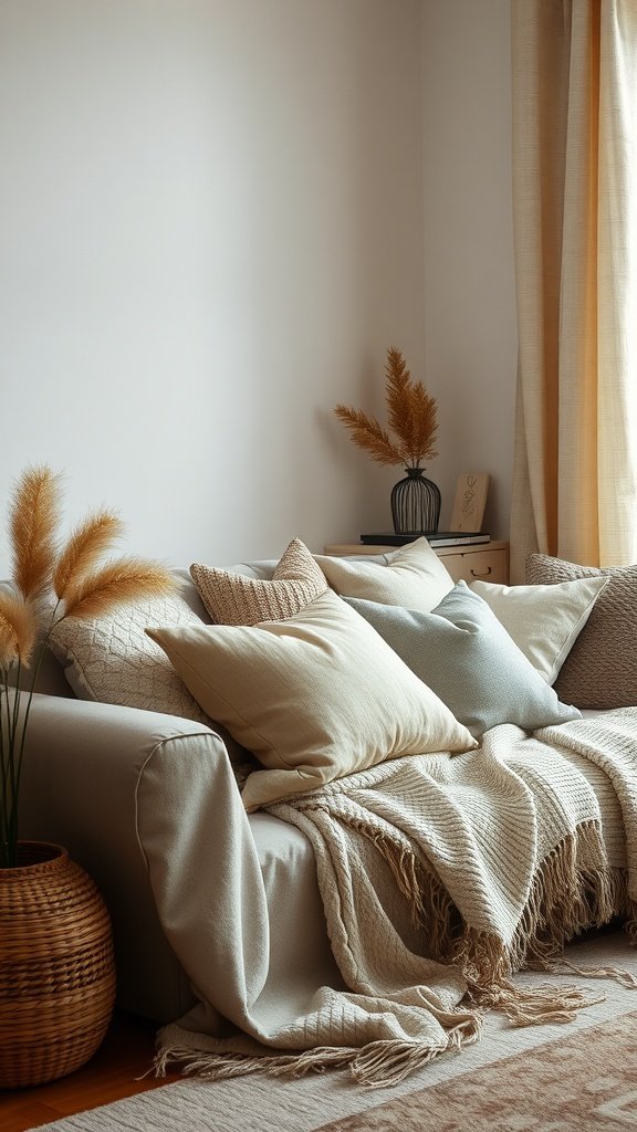 Cozy living room with layered textiles on a sofa, featuring various pillows and a woven basket.