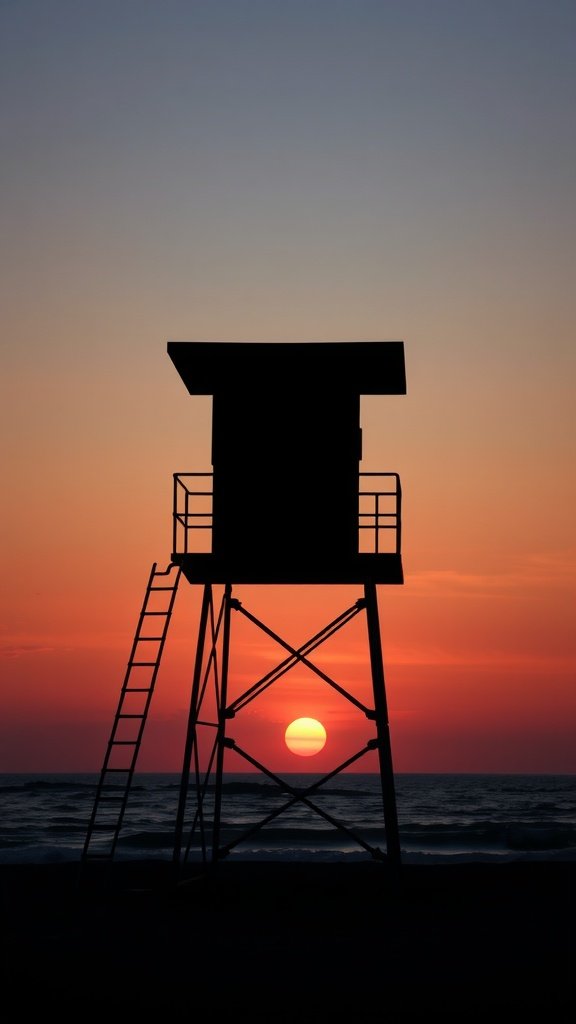 Silhouette of a lifeguard tower at sunset with vibrant sky colors