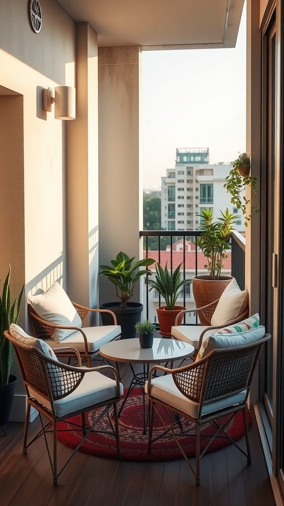 A small balcony with lightweight wicker chairs, a round table, and potted plants, creating a cozy outdoor space.