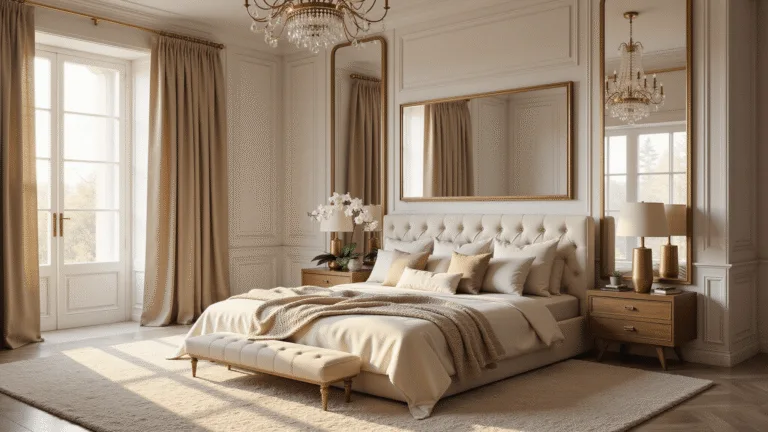 Photorealistic interior of a sophisticated master bedroom at golden hour, featuring a tufted cream velvet king bed with layered beige linens, oversized brass-framed mirrors, and a plush ivory Moroccan rug. The room has 12-foot coffered ceilings, venetian plaster walls, and is styled with silk pillows, chunky knit throws, and linen drapery. A crystal chandelier and modern brass table lamps provide subtle lighting, with minimal floral and brass accessories. Shot with shallow depth of field, showcasing dramatic shadows and highlights.