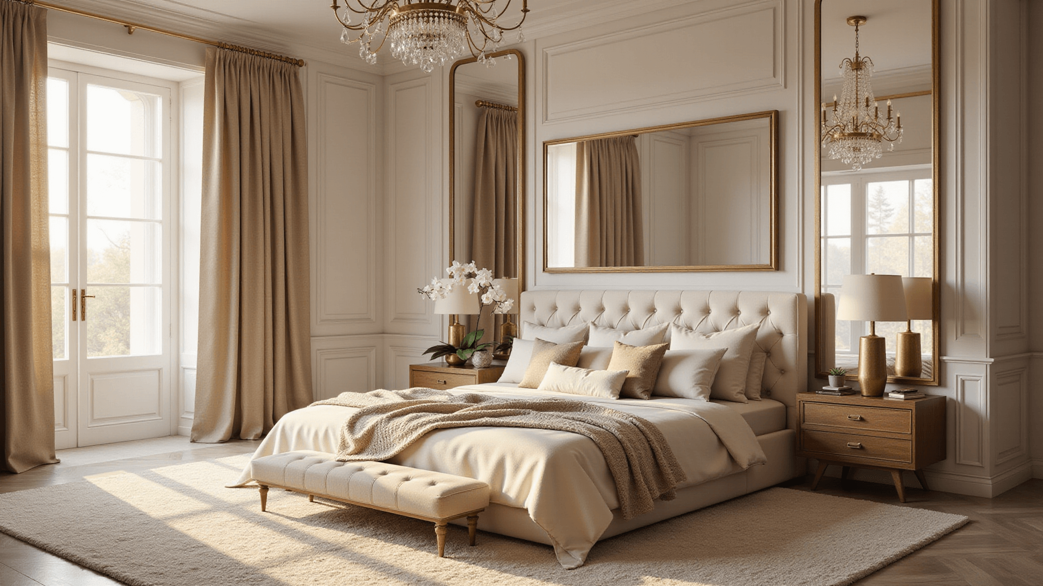 Photorealistic interior of a sophisticated master bedroom at golden hour, featuring a tufted cream velvet king bed with layered beige linens, oversized brass-framed mirrors, and a plush ivory Moroccan rug. The room has 12-foot coffered ceilings, venetian plaster walls, and is styled with silk pillows, chunky knit throws, and linen drapery. A crystal chandelier and modern brass table lamps provide subtle lighting, with minimal floral and brass accessories. Shot with shallow depth of field, showcasing dramatic shadows and highlights.