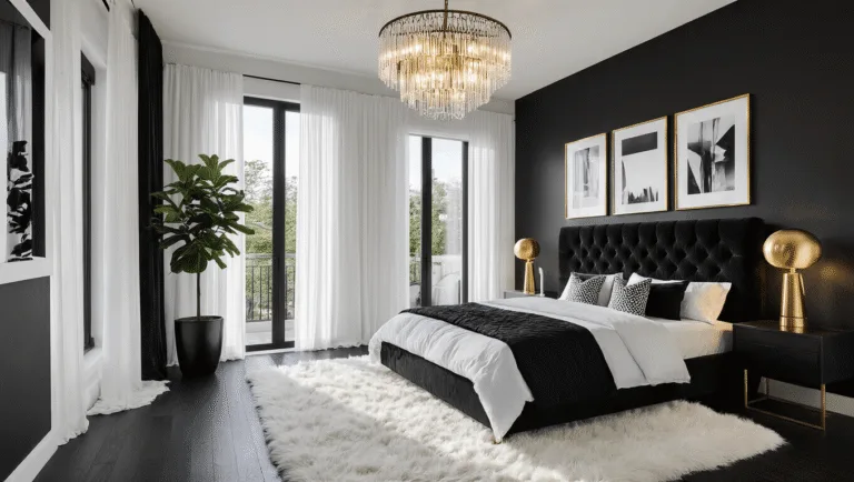 Cinematic black and white bedroom featuring a king-size bed with a tufted black velvet headboard, crisp white linens, and a plush faux fur rug, illuminated by warm golden light through sheer curtains, with a dramatic chandelier and a gallery wall.