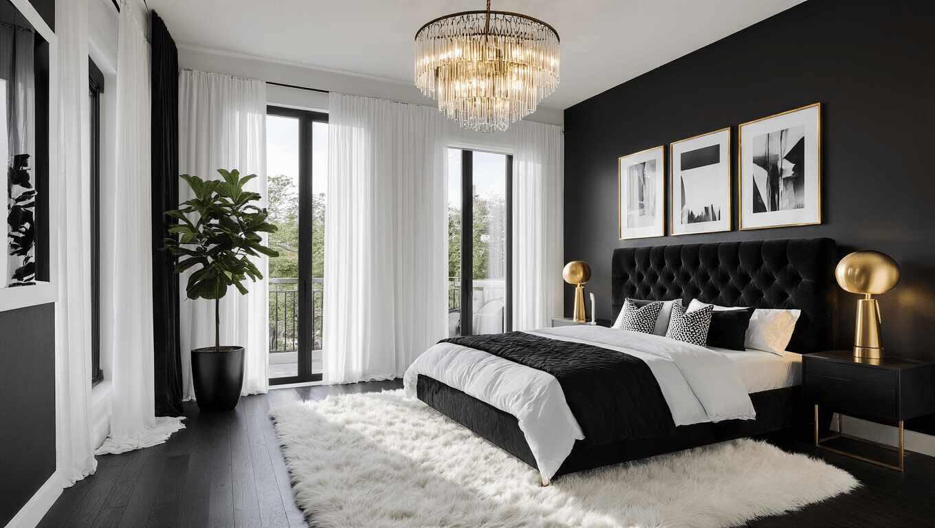 Cinematic black and white bedroom featuring a king-size bed with a tufted black velvet headboard, crisp white linens, and a plush faux fur rug, illuminated by warm golden light through sheer curtains, with a dramatic chandelier and a gallery wall.